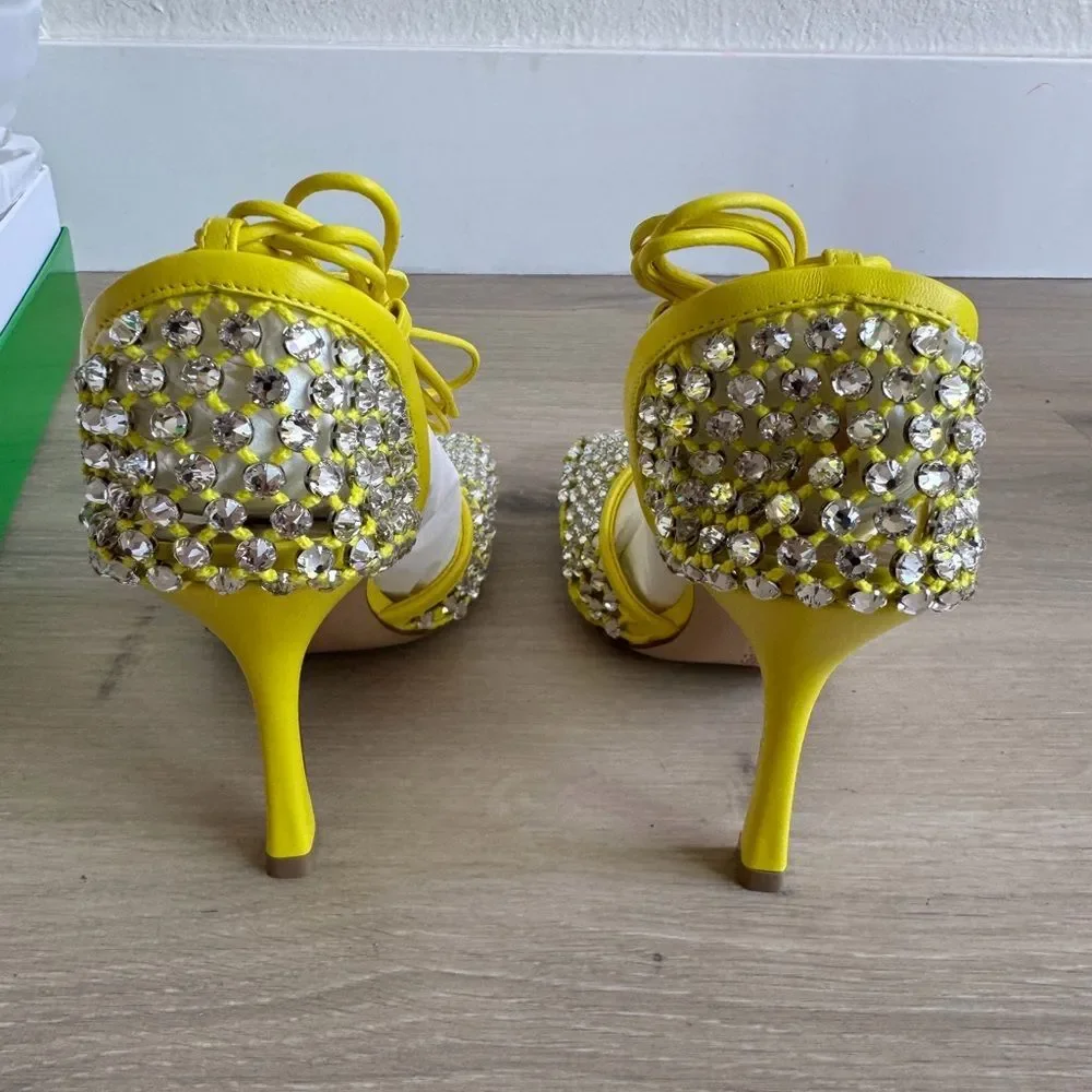 NIB BOTTEGA VENETA yellow sparkle sandal heels lace up size 38.5